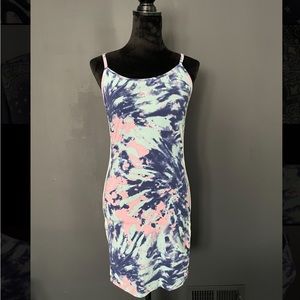 ADIDAS S Tie Dye Pink and Blue 3 Stripe Bodycon Mini Dress Great Condition! 🩷